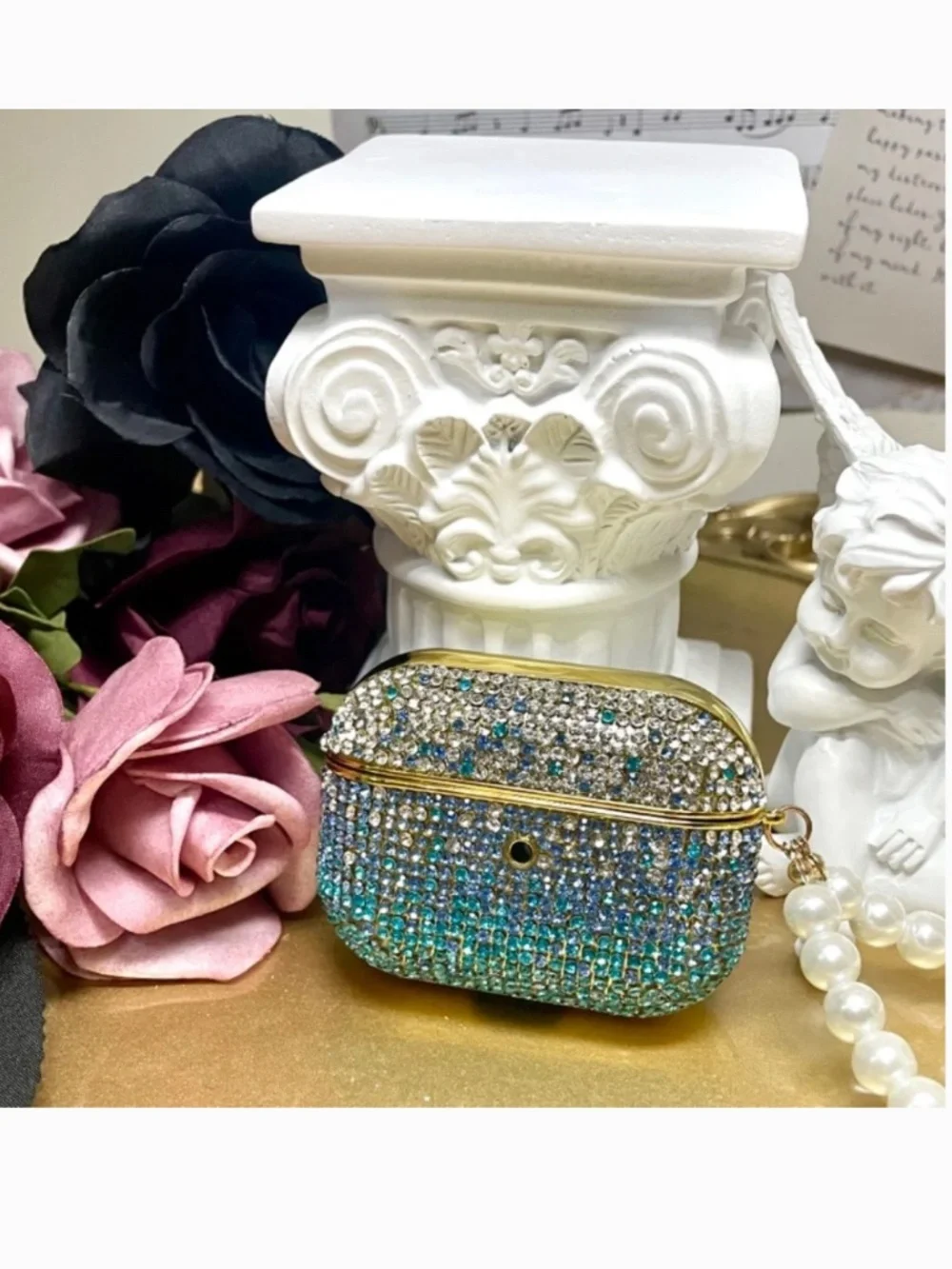 2 items.AirPods Pro 1 Rhinestone gradient bling case with pearl chain